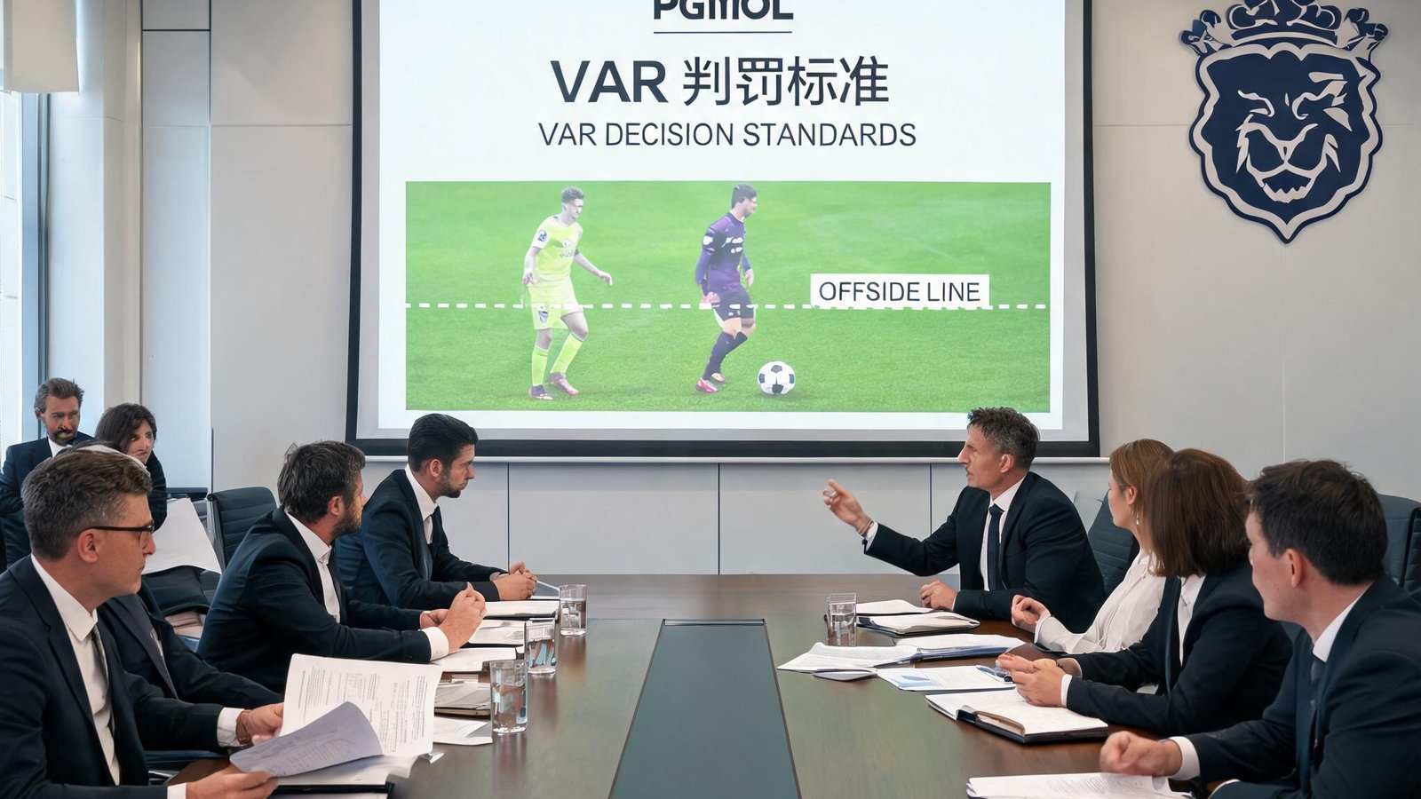英格兰职业裁判公司工作人员在会议室讨论VAR判罚标准